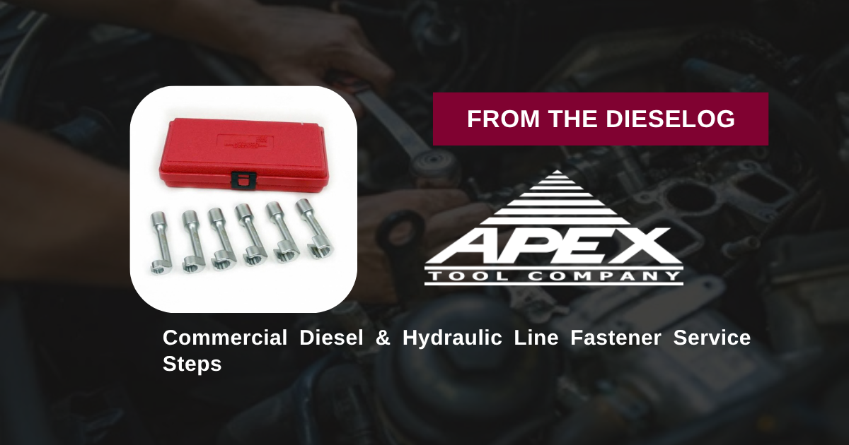 Step-by-step close up layout of 17mm L-type open end ring line wrench seated on a diesel fuel line nut